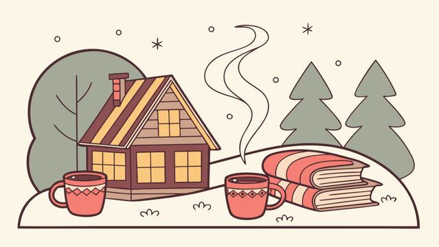 Cozy cabin winter scene illustration:  two mugs of hot cocoa, stacked books, and a charming wood cabin nestled amongst snow-covered evergreens, creating a warm and inviting atmosphere.