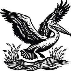 Obraz premium Majestic pelican with wings spread wide over rippling water and reeds bird