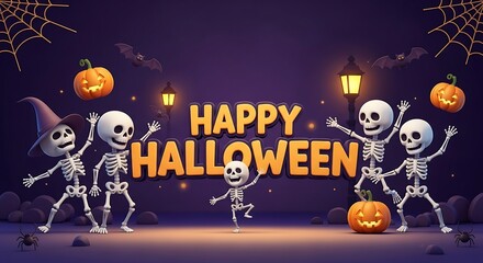 Spooky Season Halloween Skeletons Celebration with Pumpkins and Bats under a Violet Sky