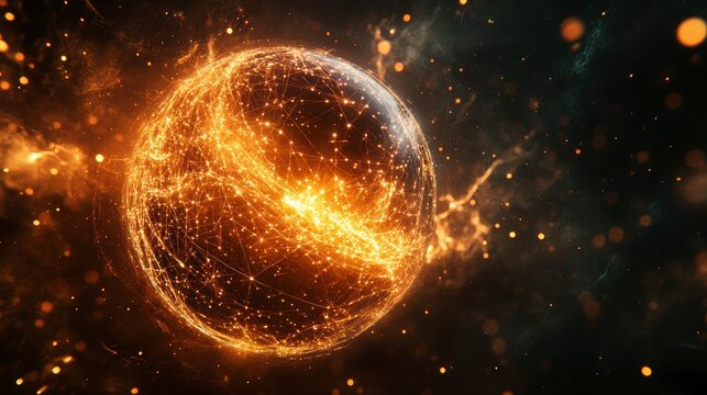 Fiery glowing sphere with network connections.