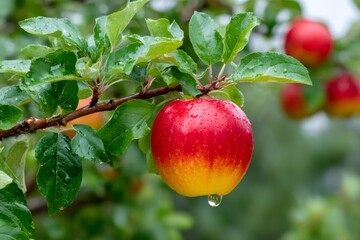 Red and yellow apple with water drops hanging from branch