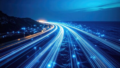 Highway at night, connected by digital network, over water