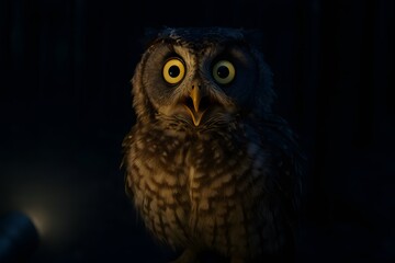 Owl with Large Eyes in Darkness