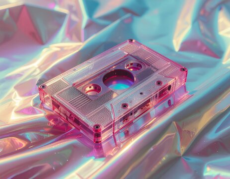 pita kaset transparan bertumpu pada plastik holografik warna-warni