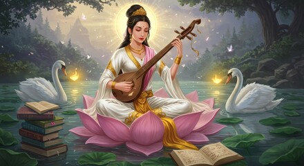 Graceful Woman Playing Traditional Instrument on Lotus in Serene Lake – White and Gold Attire, Surrounded by Swans, Books, and Glowing Light, Elegant Fantasy Illustration of Divine Wisdom


