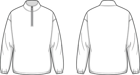 Quarter zip pullover sweatshirt front and back view, clean flat sketch for men’s fashion design, CAD technical vector illustration © Creative Asif