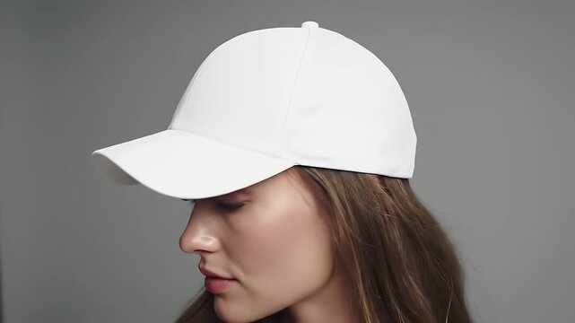 Woman in White Cap Against Grey Background