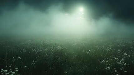 Fototapeta premium Eerie landscape flowers in a foggy field under a dark, cloudy sky with a bright, obscured light source