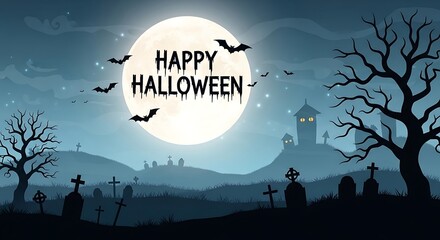 Spooky Halloween Night Landscape with Full Moon and Bats in Silhouette over Graveyard