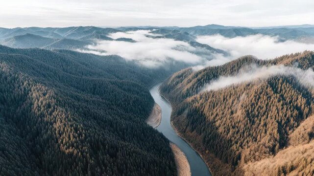 Mountain river winding through dense forest with mist and cloud layers