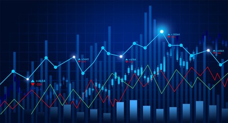 Stock market graph with charts and candlesticks, blue neon background, financial investment business backdrop,
