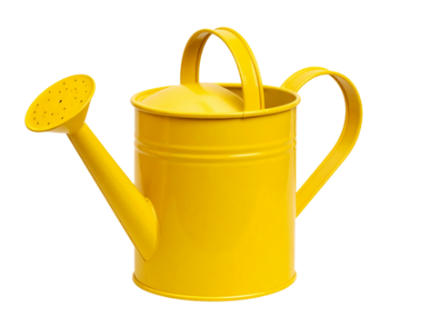 Front View of Bright Yellow Watering Can with Curved Spout, Isolated on Transparent Background PNG (2)
