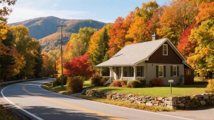 Autumnal Mountain Roadside Cottage with Colorful Foliage