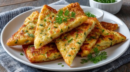 Crispy potato pancakes with zucchini and herbs garnishing a white plate