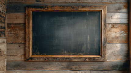 A rustic chalkboard with a wooden frame hanging on a weathered wooden plank wall