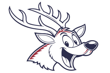 A cartoon deer head shows off a big smile with navy and red accents