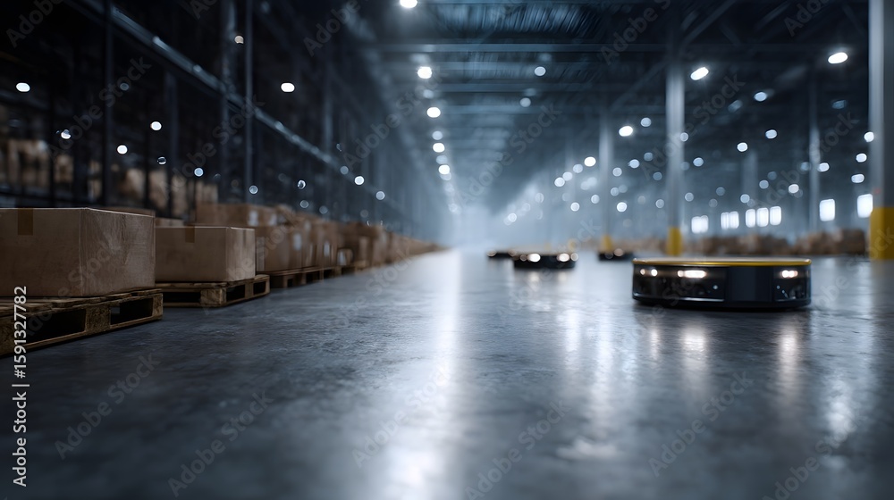 Poster automated warehouse with robot carts sorting packages under sharp high lighting