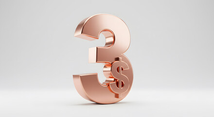Number Three with Dollar Sign Shiny Rose Gold on White Backdrop