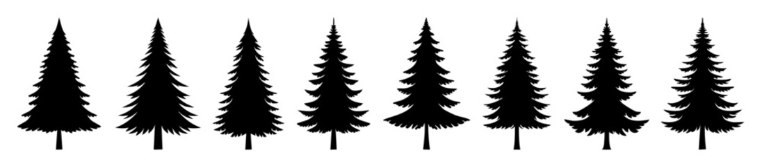 Obraz premium Tall Conical Pine Trees with Sharp Branches Silhouette Collection, Black Vector Illustrations of Evergreen Forest Trees in Various Poses for Nature, Wilderness, and Landscape Design Use