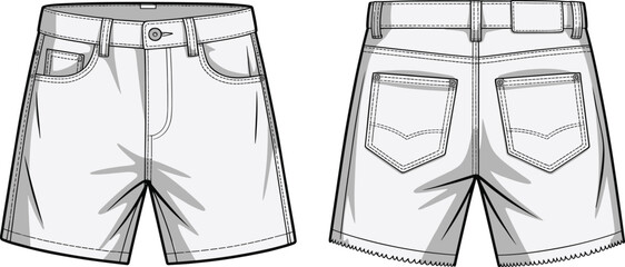 CAD drawing flat vector illustration of women’s raw hem denim shorts, front and back view, technical fashion sketch template design
