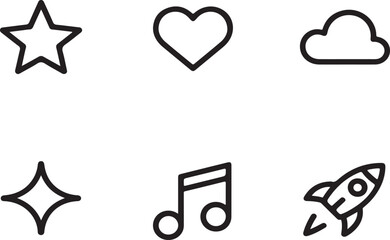 "Minimalist Black and White Icons - Star, Heart, Cloud, Sparkle, Music Note, and Rocket"