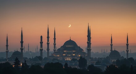 Naklejka premium Mosque at Dusk A Serene Skyline Silhouette with a Crescent Moon, Capturing the Beauty and Tranquility of Islamic Architecture