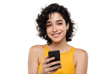 Happy Latin American Woman Using Smartphone with One Hand, Direct Eye Contact, Close-Up Portrait, Transparent Background