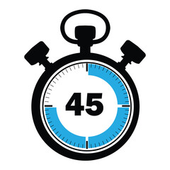 Stopwatch icon showing 45 seconds, blue and black stopwatch illustration, circular stopwatch with 45 seconds mark, ,modern stopwatch icon for productivity and sports on white background.