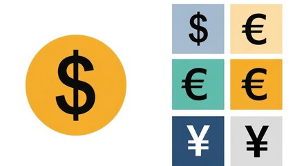 Fototapeta premium Collection of international currency symbols, displayed in various colors and shapes.