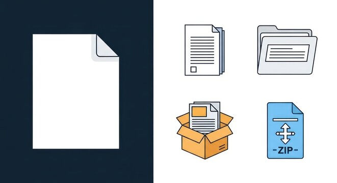 A collection of five stylized document and file icons, including a blank page, stacks of paper, folders, and a ZIP file.
