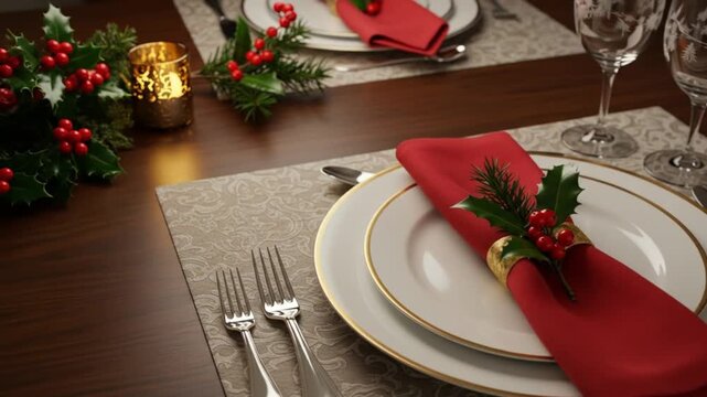 Festive table setting with red napkins