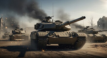 A formation of tanks advances through a war-torn landscape with smoke billowing in the background, suggesting a conflict zone.