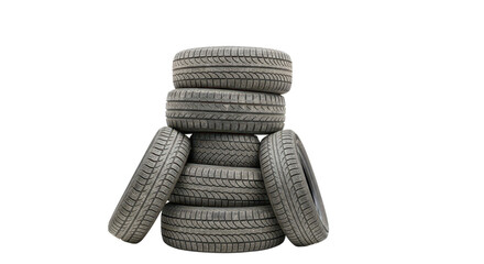A stack of used car tires isolated on a plain transparent background