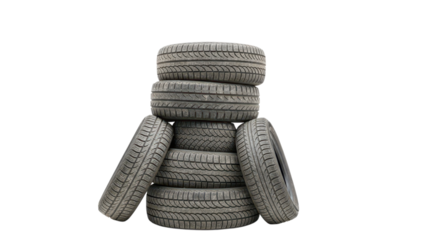 A stack of used car tires isolated on a plain transparent background