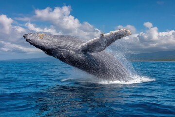 Naklejka premium Majestic humpback whale breaches the ocean surface in a spectacular display of power and grace