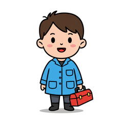 Fototapeta premium Cartoon boy in a blue coat holding a red toolbox, cheerful expression.
