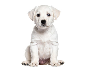 White Puppy Sitting with Head Tilted Curiously
