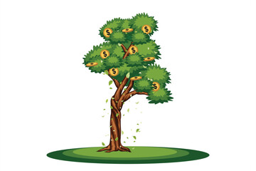 Money Tree Vector Illustration. Conceptual tree with green leaves and gold coins growing on branches, symbolizing wealth, prosperity, investment, financial growth, and abundance.