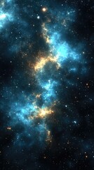 Naklejka premium Blue and golden galaxy with stars and swirling nebula clouds in a celestial backdrop