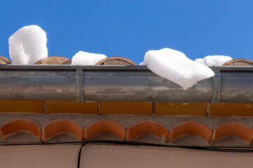 snow on the roof and the metal water channel