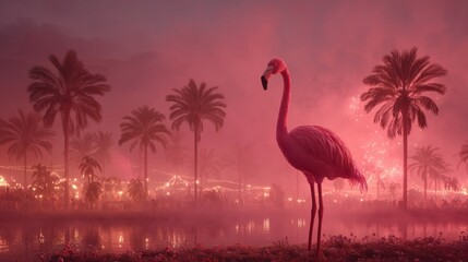 Colossal flamingo in retro shades standing behind music festival stages, glowing palm tree silhouette, pink haze background