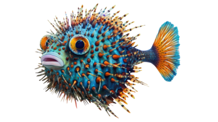 Pufferfish with multicolor spines and inflated body isolated on white background
