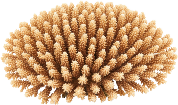 Close up view of branching stony coral structure with intricate details isolated on black transparent background