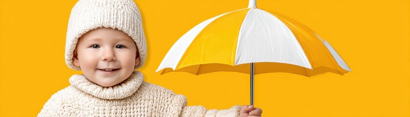 A cheerful baby holds a bright umbrella against a yellow background.