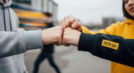 Two hands of young people making a fist bump gesture, concept of youth day solidarity and friendship for design asset.