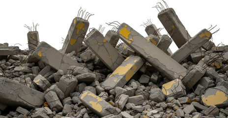 Pile of shattered concrete debris with exposed rebar and yellow paint remnants isolated on
