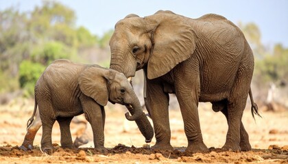 Two elephants, one large and one small, interacting