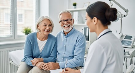 Smiling senior couple consults with a female doctor in a bright medical office, discussing health and treatment options.