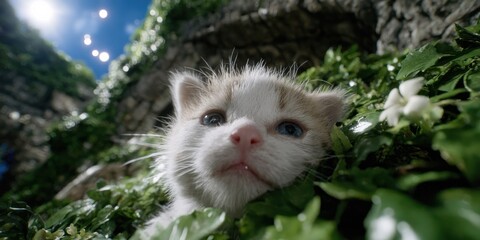 A curious kitten nestled among vibrant green foliage.
