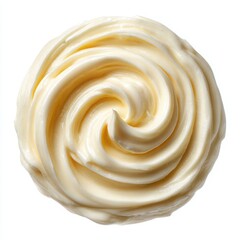 A swirl of creamy mayonnaise or frosting with a smooth texture and glossy sheen on a white background